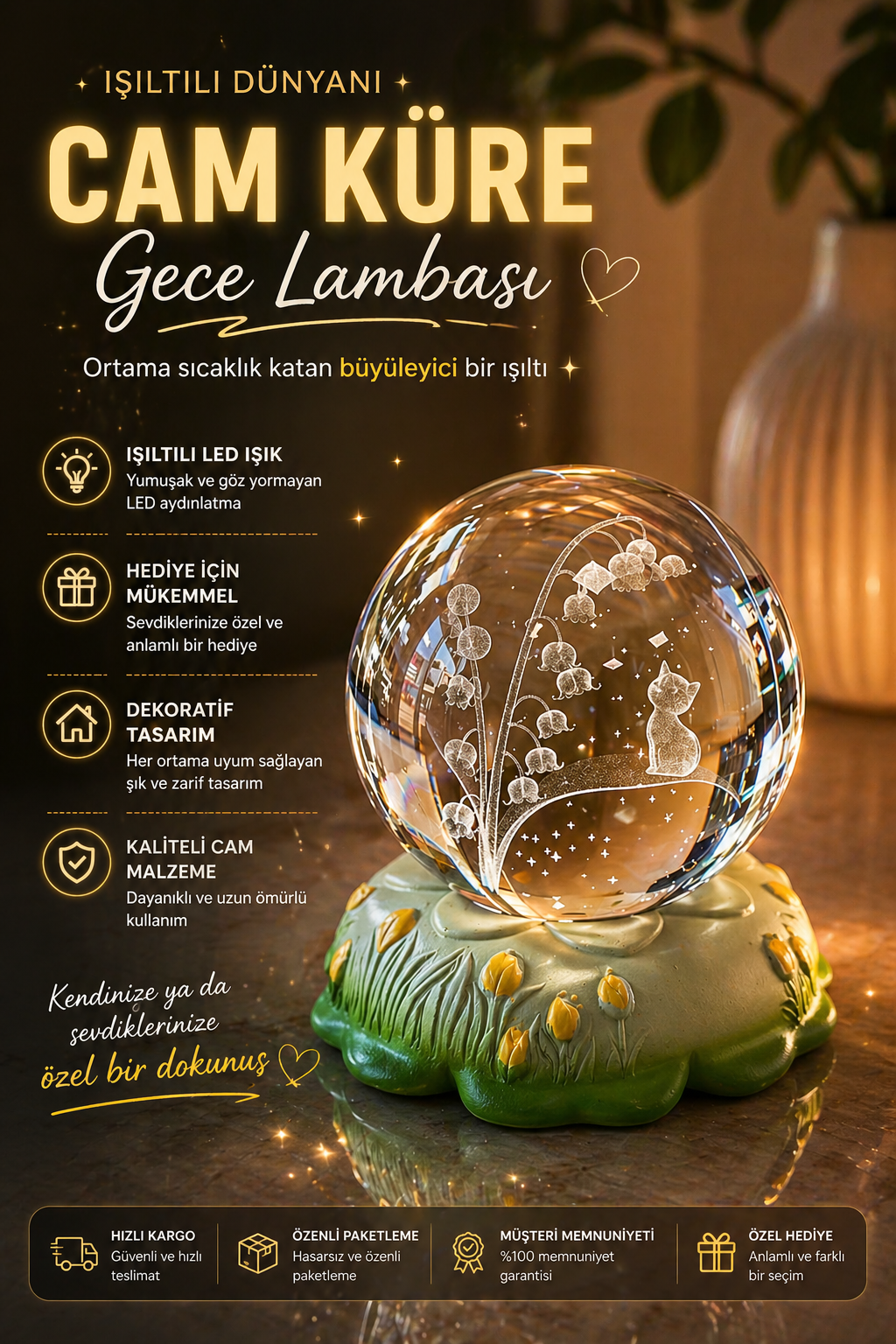 Işıklı Cam Küre Gece Lambası – Dekoratif Kristal Küre Lamba & Hediye