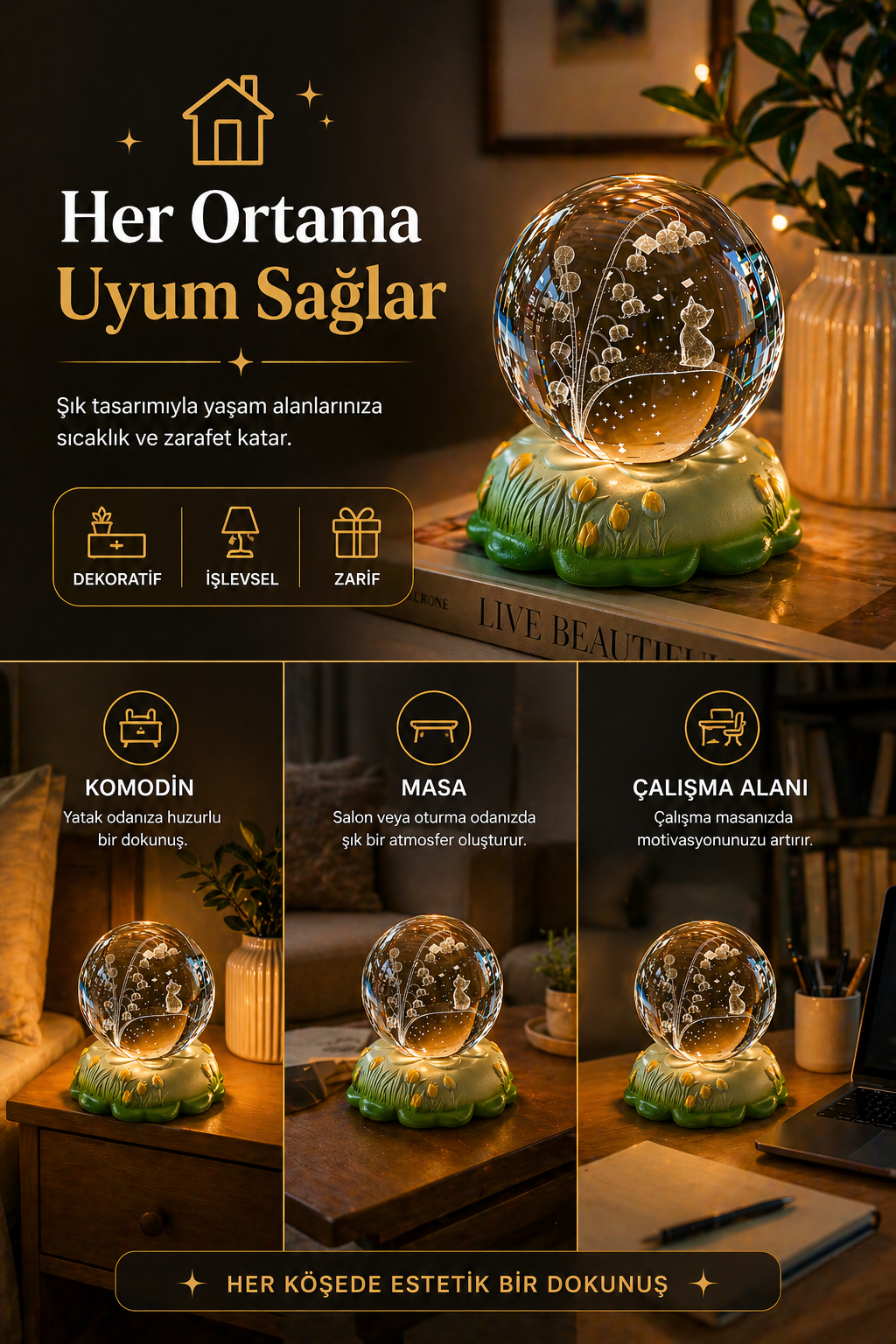Işıklı Cam Küre Gece Lambası – Dekoratif Kristal Küre Lamba & Hediye