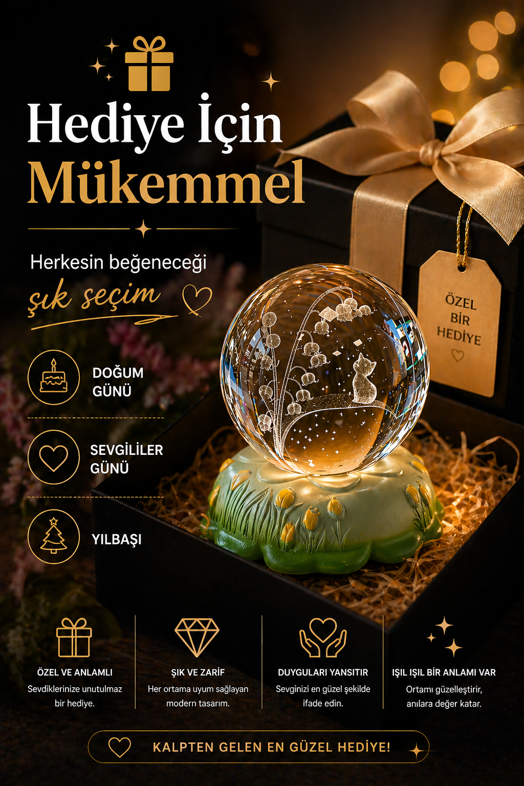 Işıklı Cam Küre Gece Lambası – Dekoratif Kristal Küre Lamba & Hediye