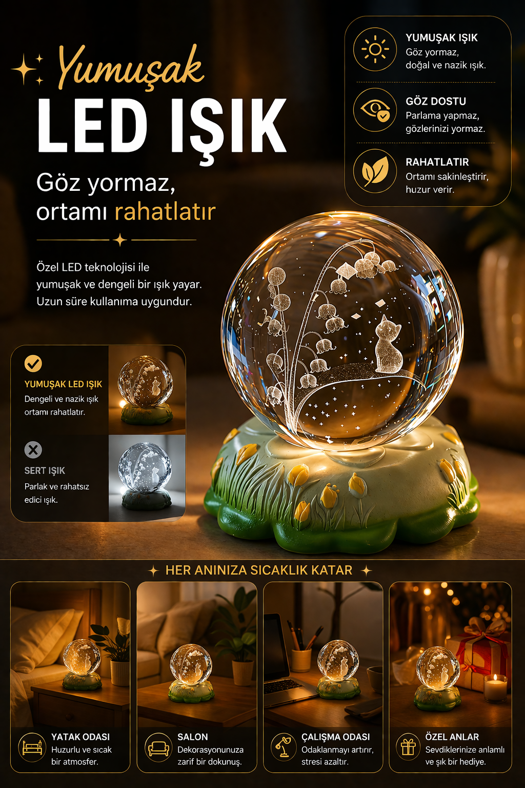 Işıklı Cam Küre Gece Lambası – Dekoratif Kristal Küre Lamba & Hediye