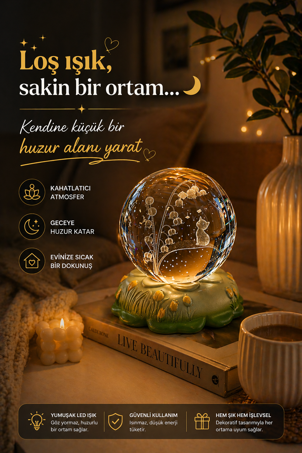 Işıklı Cam Küre Gece Lambası – Dekoratif Kristal Küre Lamba & Hediye