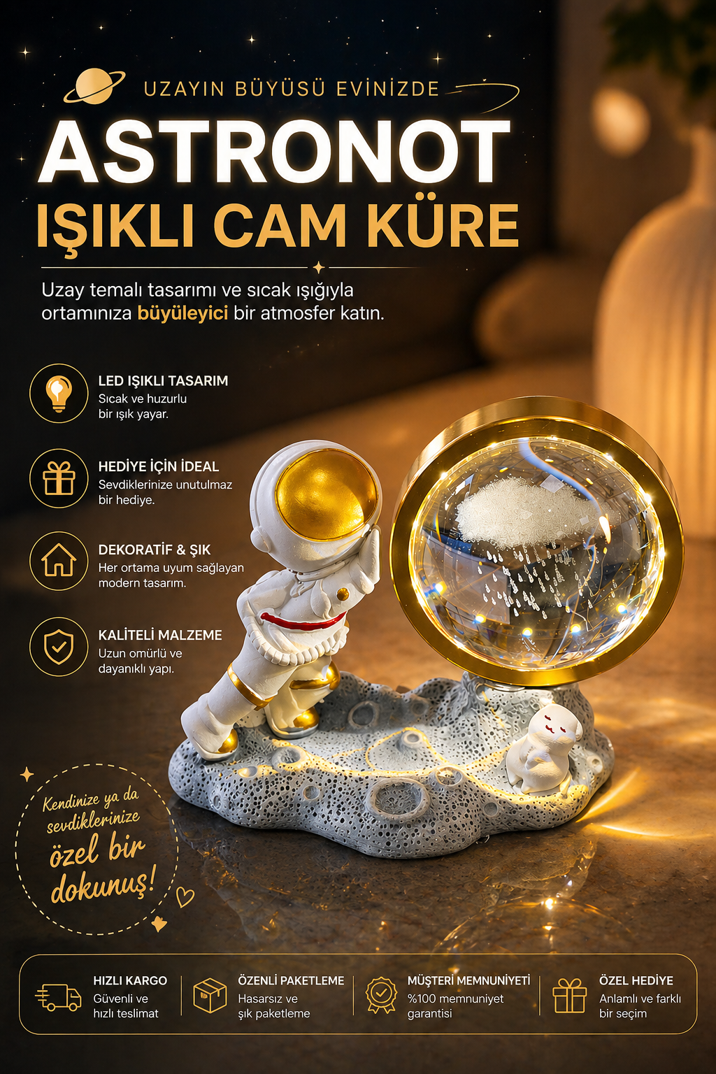 Astronot Işıklı Cam Küre – Uzay Temalı Dekoratif Gece Lambası & Hediye