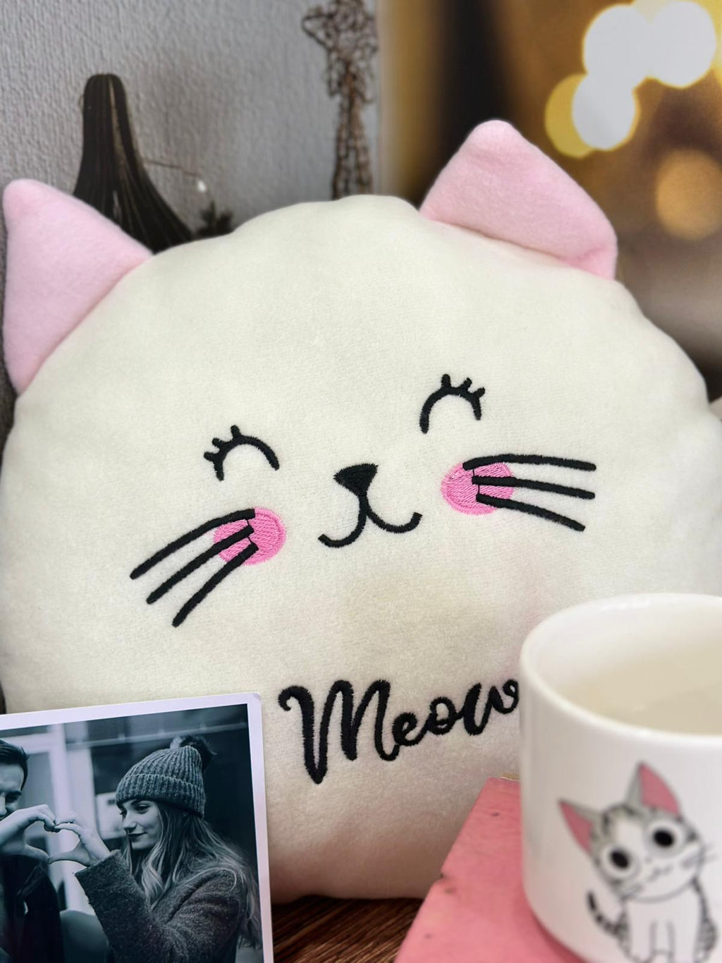 Kedi Peluş Yastık Kedi Baskılı Kupa ve Kişiye Özel Fotoğraf Kartı